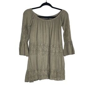 POL Women's Olive Green Off Shoulder Bell Sleeve Boho Lace Trim Top Size Small